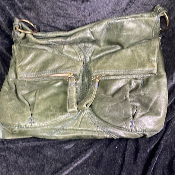 49 Square Miles Leather Hobo bag in green with purple stitching. - Picture 2 of 10